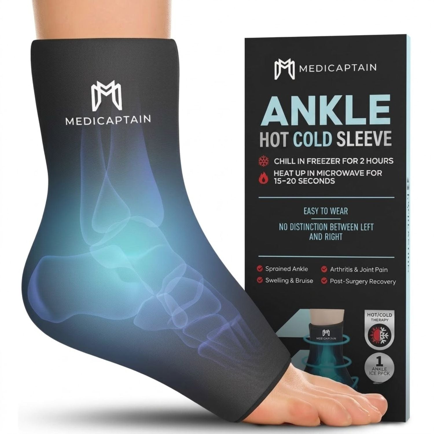 MediCaptain Ankle Hot & Cold Therapy Compression Sleeve - 360° Hot & Cold Gel Therapy for Foot & Ankle Pain