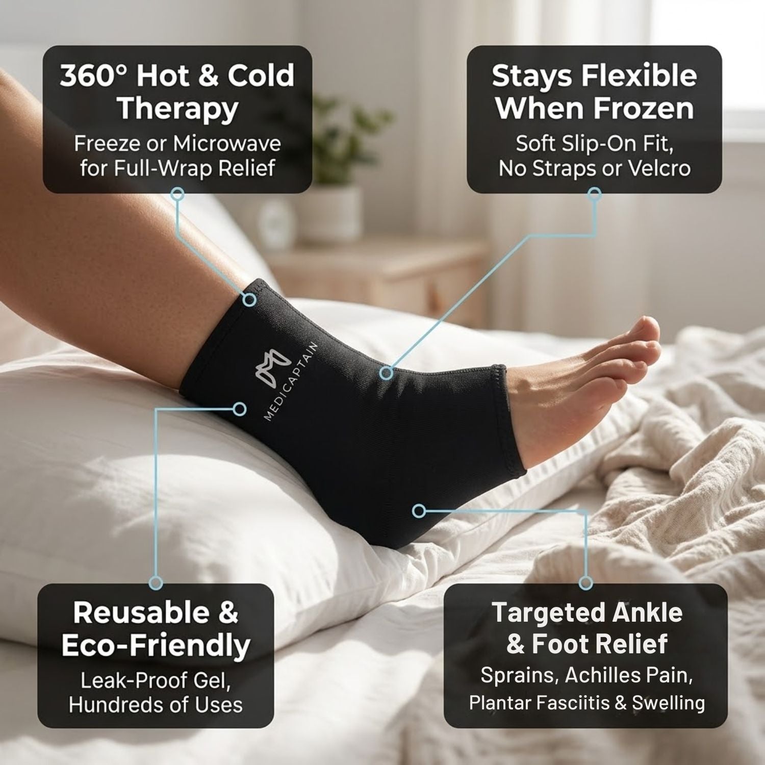 MediCaptain Ankle Hot & Cold Therapy Compression Sleeve - 360° Hot & Cold Gel Therapy for Foot & Ankle Pain